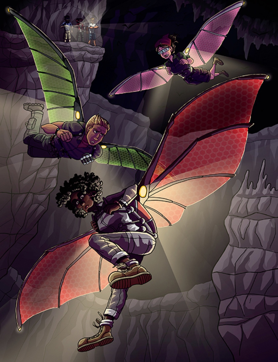 The team flies on their bots' jetwings inside the sacred mine