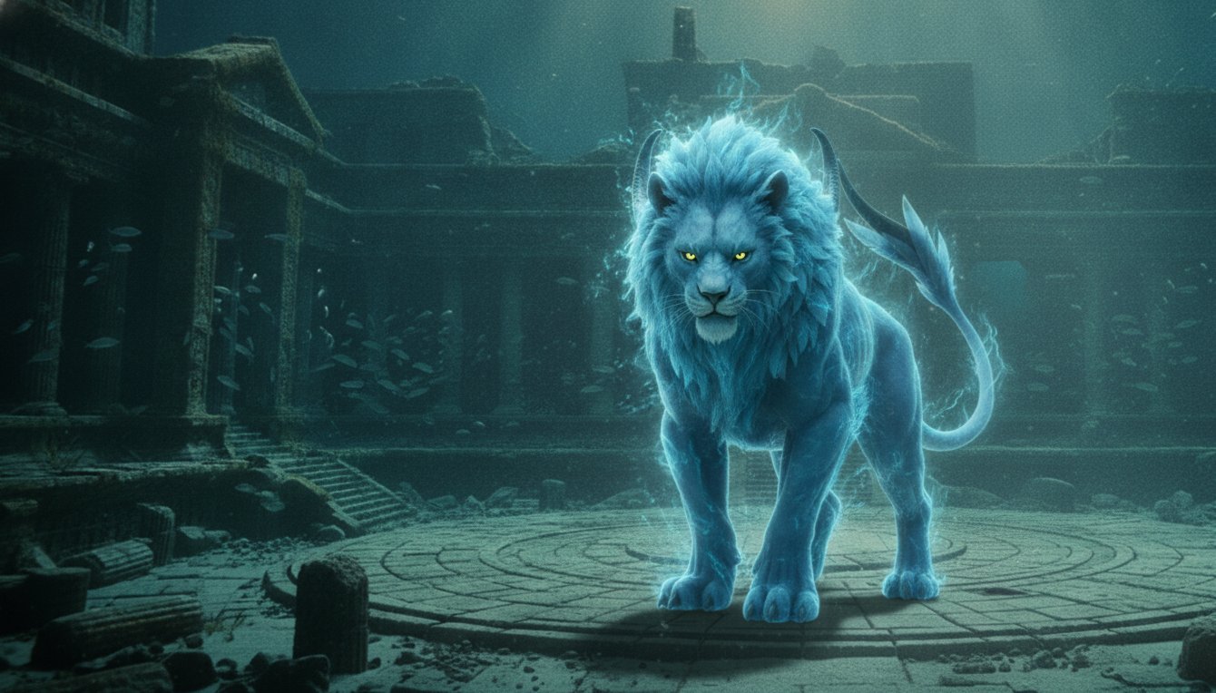 A spectral guardian of the Indigo Magic in the drowned ruins of Atlantis