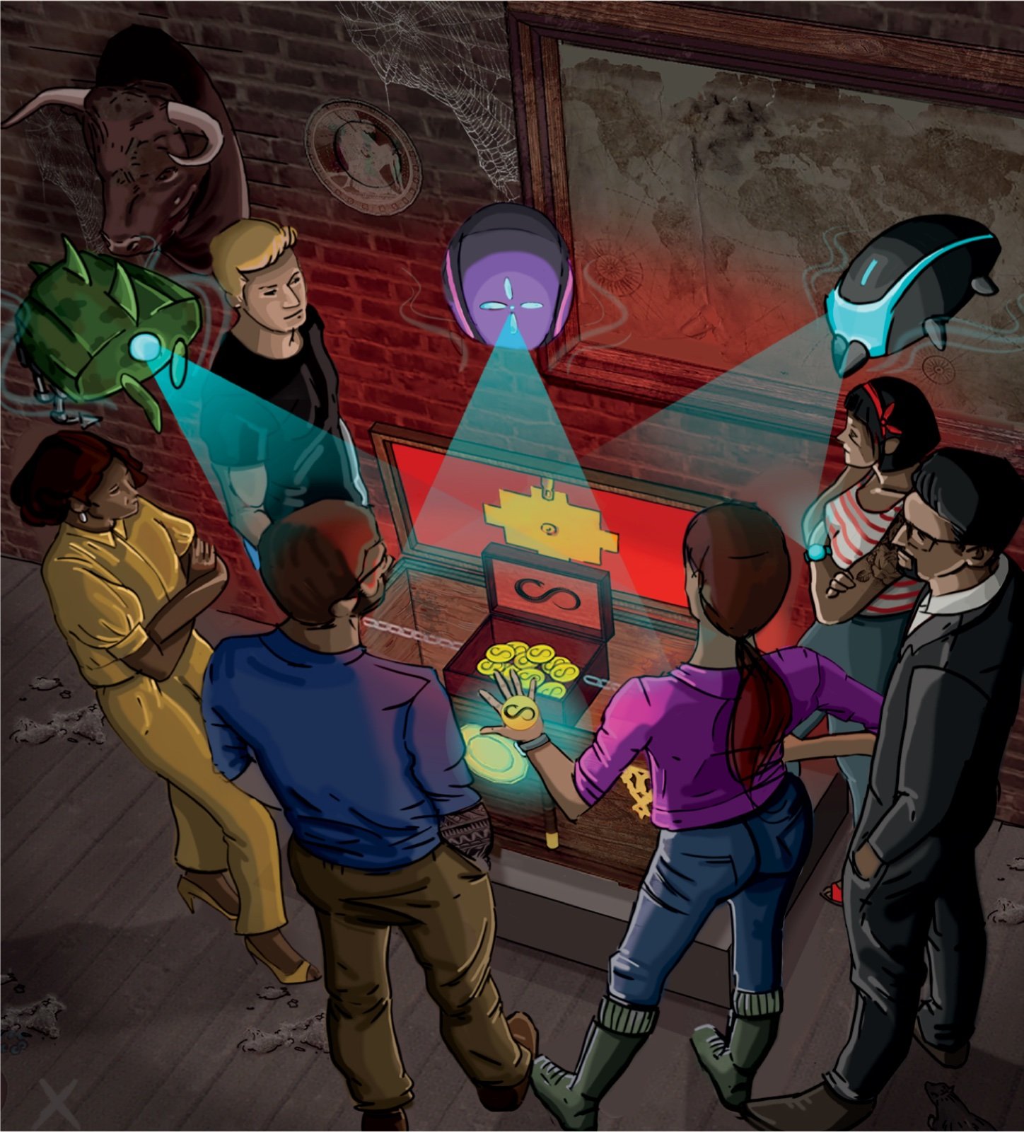 Team Zen and their botpacks gathered around an open life chest