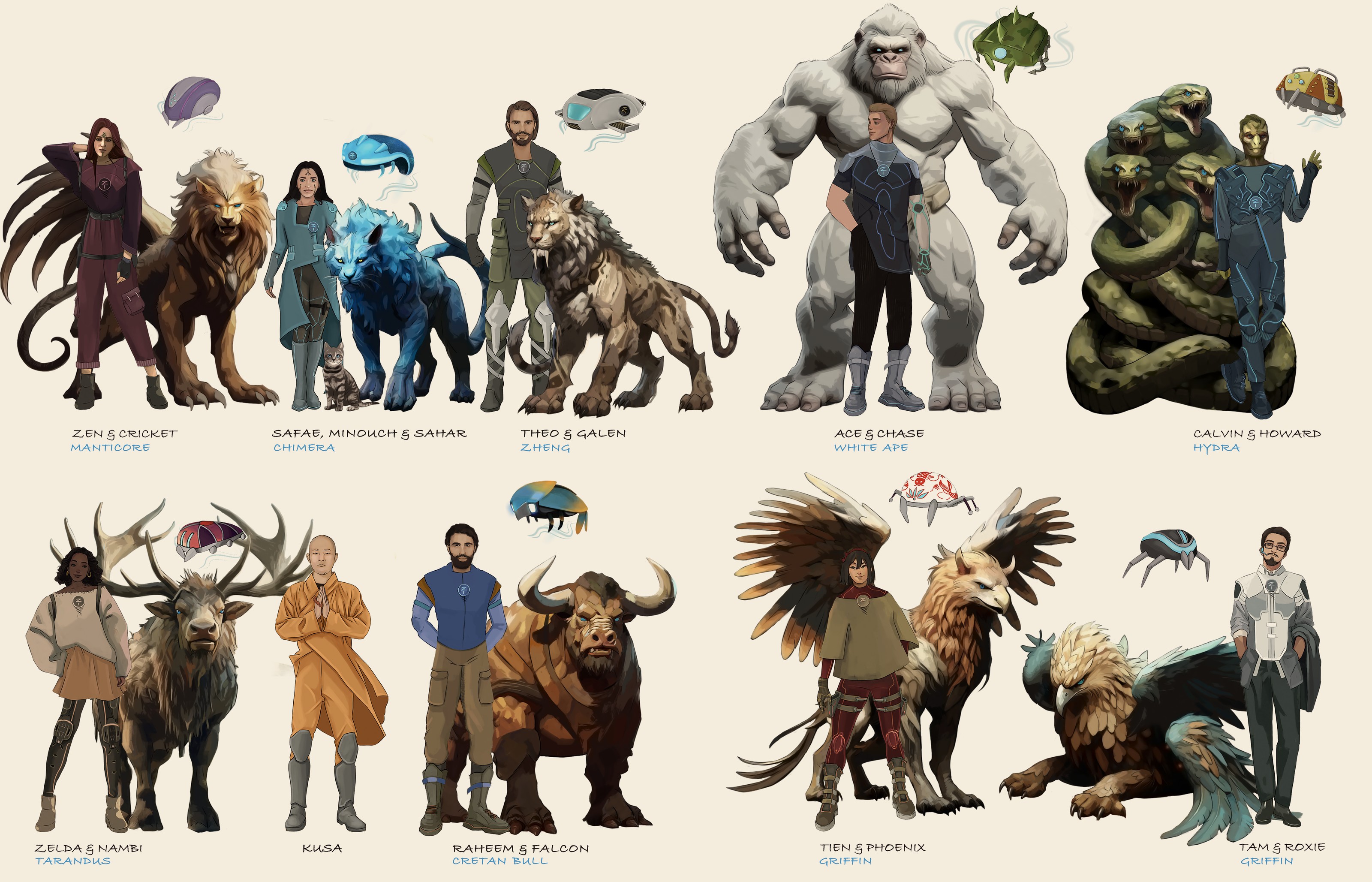The Z Team roster, all members with their biomimetic companions