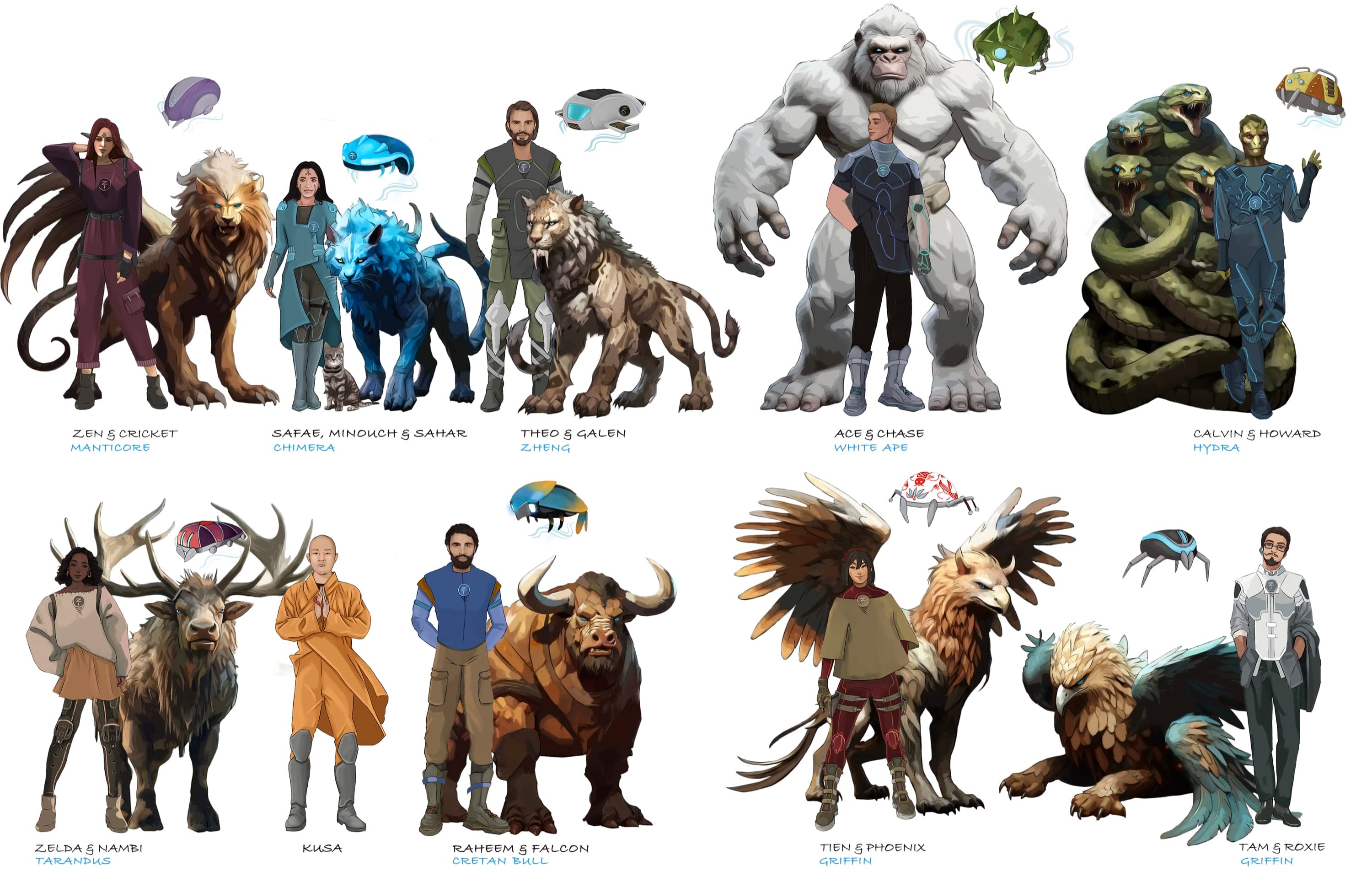 The Z Team roster: Zen and Cricket the Manticore, Safae Minouch and Sahar the Chimera, Theo and Galen the Zheng, Ace and Chase the White Ape, Calvin and Howard the Hydra, Zelda and Nambi the Tarandus, Kusa, Raheem and Falcon the Cretan Bull, Tien and Phoenix the Griffin, Tam and Roxie the Griffin.